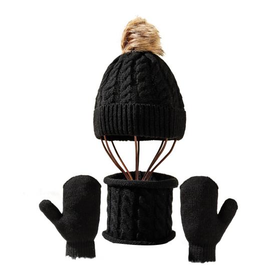3Pcs/Set Kids Hat Scarf Glove Set Plush Ball Decor Twist Texture Thickened Warm Brimless Hat Long Scarf Touch Screen Gloves Set