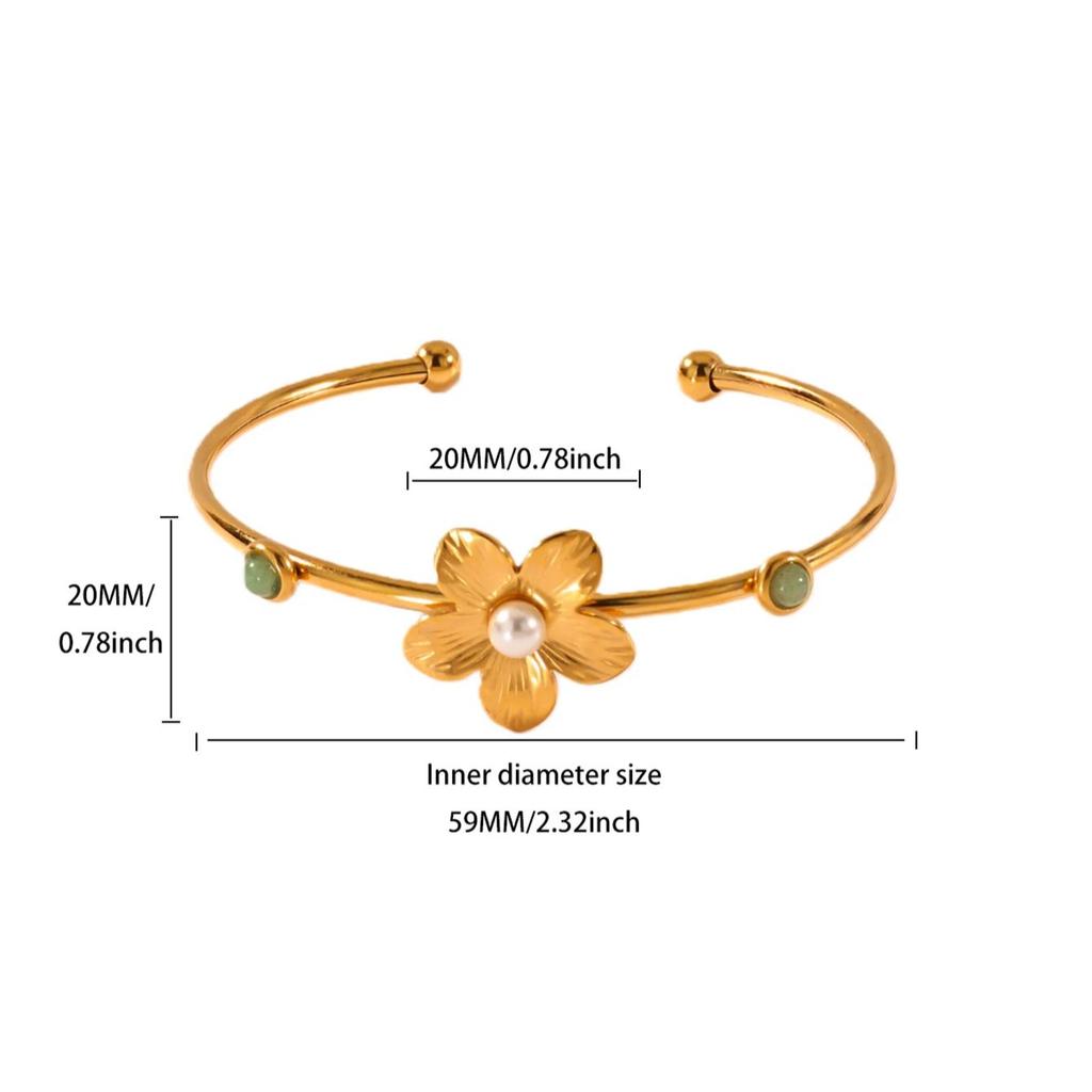 Stainless Steel Pearl Stone Flower Cuff Bracelet For Women Girls Gold Color Flower Bangles Femme Christmas Jewelry Accessories