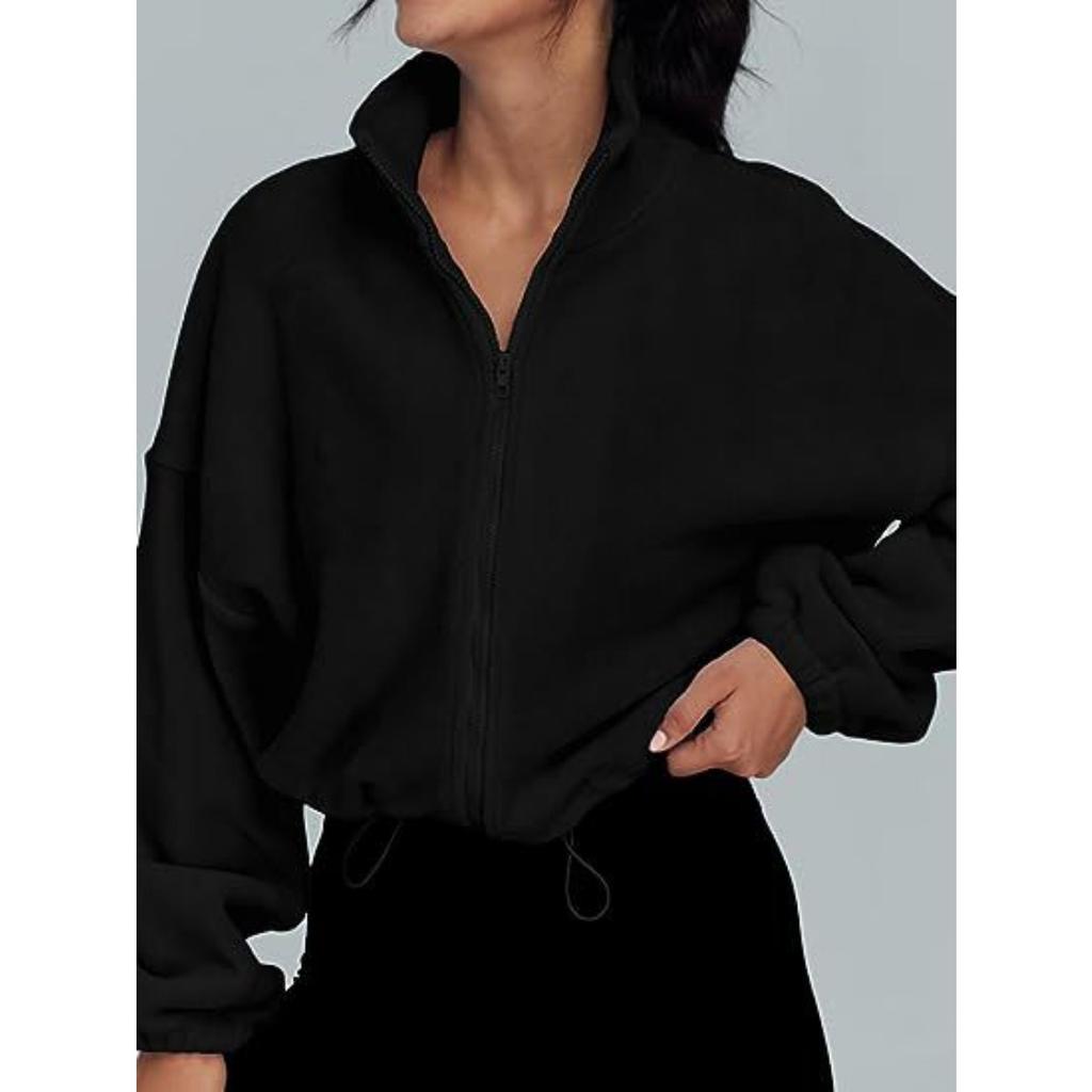 Women's Fleece Zip-Up Stand Collar Sports Jacket, Warm Thickened Outerwear for European American, Popular Casual Fashion Coat for Crossborder