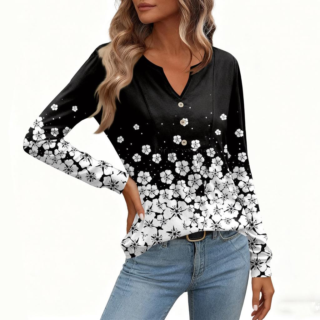 Γυναικείο Χαλαρό, V-λαιμόκοψη, Ρετρό Χρώμα, Μπλοκ με Φλοράλ Σχέδιο, Μακρυμάνικο Πουλόβερ T-shirt