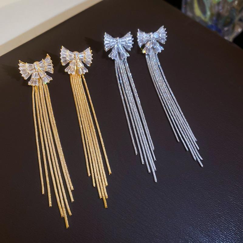 New Trendy Full CZ Cubic Zirconia Bowknot Long Chain Tassel Drop Earrings for Women 18K Real Gold Silver Plated Copper