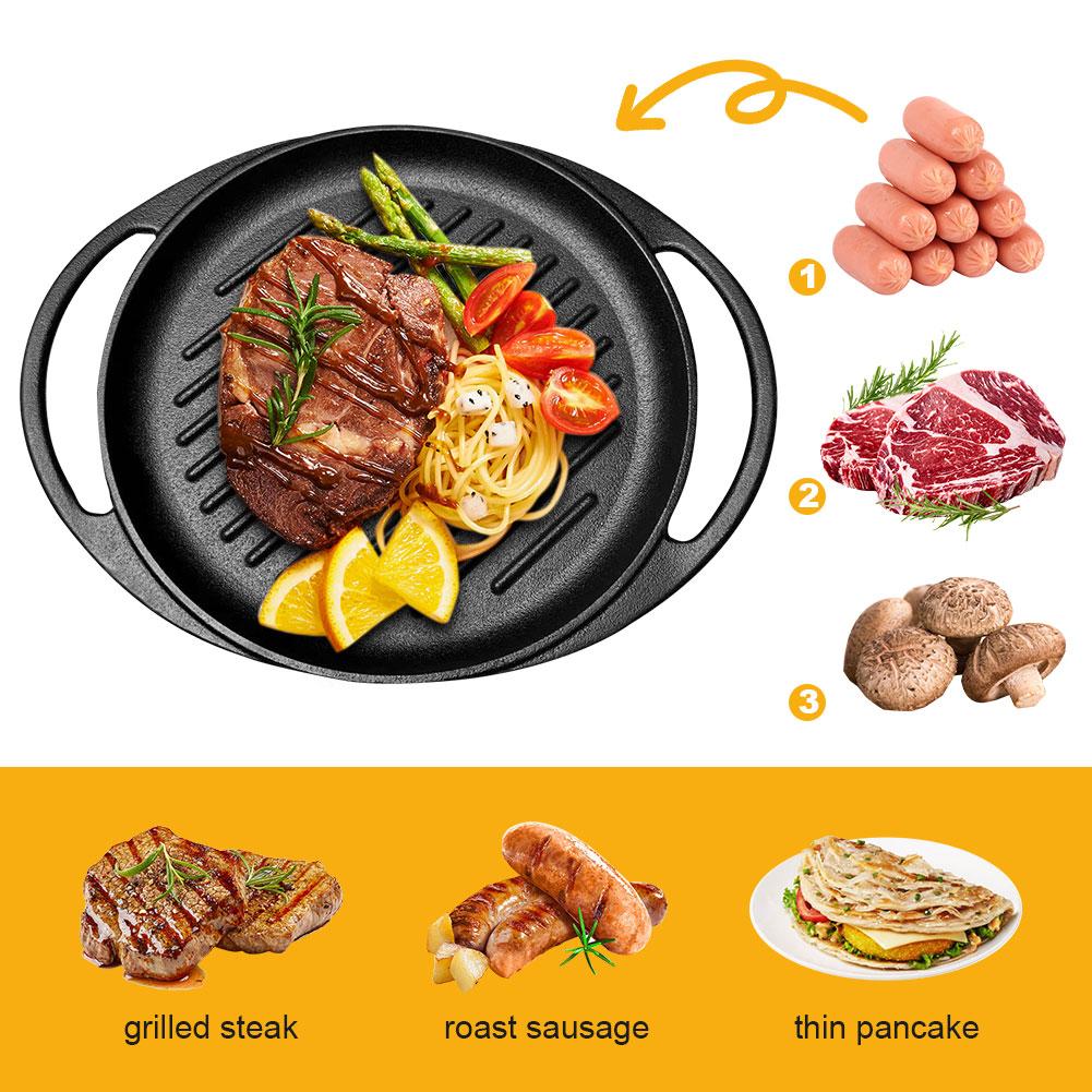 10 Inch Cast Iron Grill Pan Round Frying Pan Non-Stick Skillet Pan with Dual Handles for Open Fire and Gas Stoves