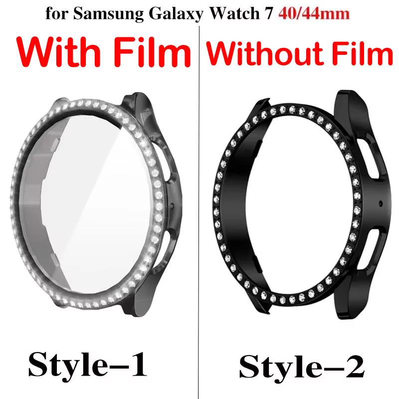 Glass+Diamond Case for Samsung Galaxy Watch 7 40 44mm Accessories Bling PC Bumper+Screen Protector for Galaxy Watch 7 Cover Case