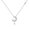 Sterling Silver S925 Star & Moon Necklace with Micro-Paved Stones and White Shell Pendant - Luxurious Valentine's Day Gift