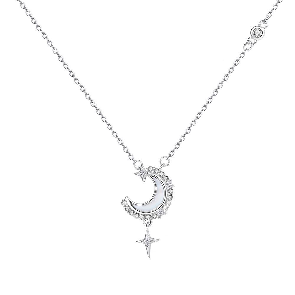Sterling Silver S925 Star & Moon Necklace with Micro-Paved Stones and White Shell Pendant - Luxurious Valentine's Day Gift