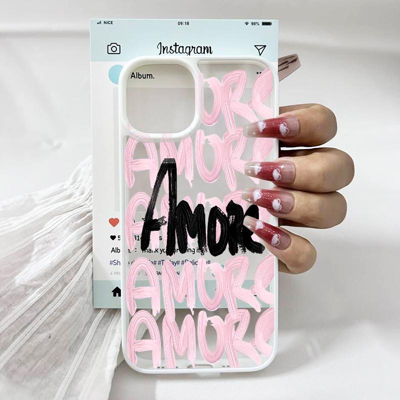 Amore-Love Italian Romantic Pink Lettering Phone Case for IPhone 16 12 13 Mini 11 17 14 15 Pro Max XR 7 8 Plus Shockproof Cover