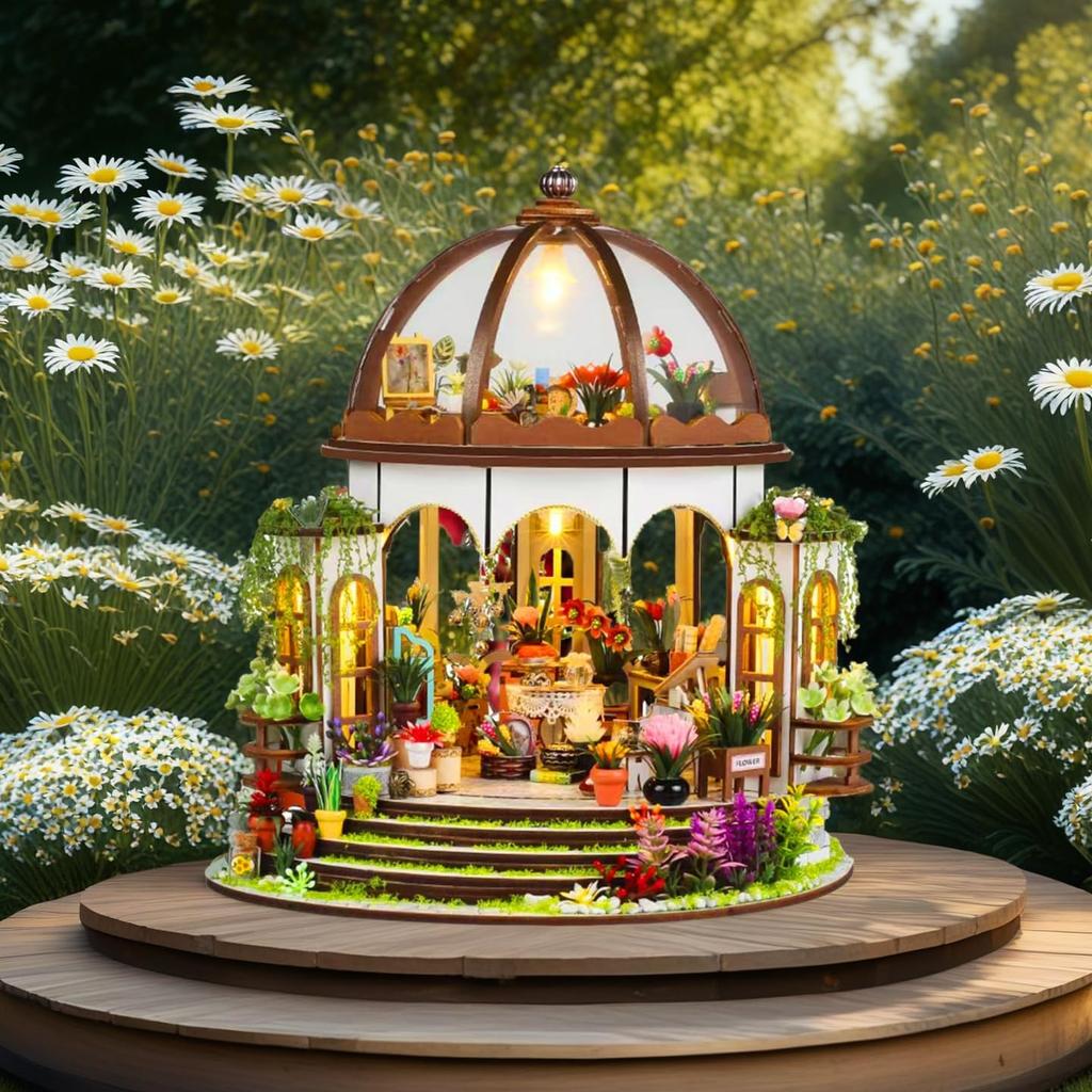 YIIEL Miniature Dollhouse Kit, Handmade Kit with Beginner's Instructions (Sunshine Glass Flower House)