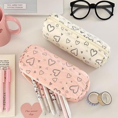 Simple Love Print Pattern Pen Bag Large Capacity Multifunctional Storage Bag Stationery Bag Boys/Girls