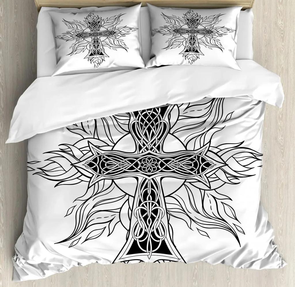 Viking Celtic Duvet Cover Set, Celtic Knot with Tridents Forest and Mountains Scandinavian Germanic Culture,Bedding Sets Decor