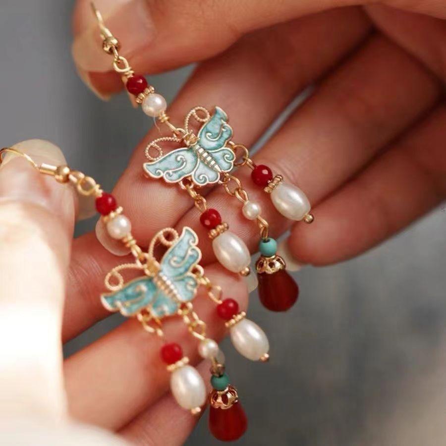Luxus Neue Antike Damen Hanfu Ohrringe Tang Dynastie Gebrannt Blau Schmetterling Perle Hängeohrringe Hochzeits Schmuck Geschenk