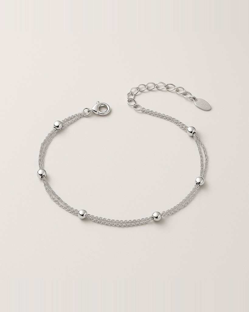 Bamoer 925 Sterling Silver Chain Bracelet Women Round Little Beads Double Layers Link Chain Bracelets