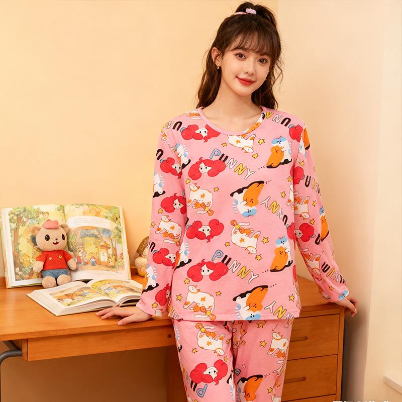 Spring and Autumn women's cartoon pajamas, pink girl cat print long-sleeved suit, loose loungewear