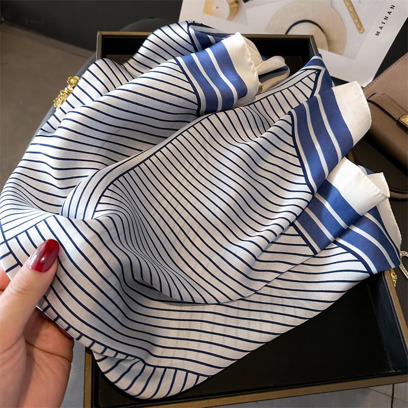 Luxury Brand Stripe Print Square Hijab Scarf Imitation Silk Small Women Neck Scarf Stylish Casual Headscarf Hairband