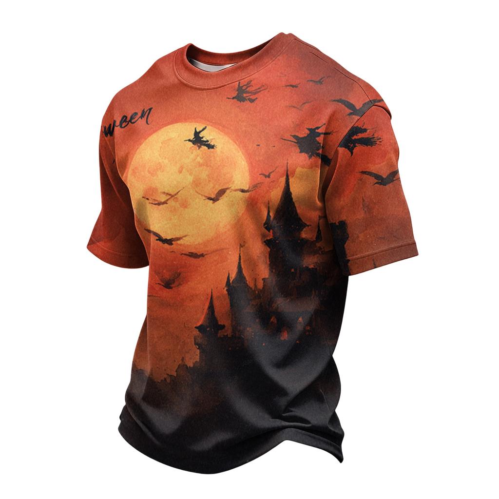 Men's Casual Short Sleeve T-Shirt Lightweight Breathable Crew Neck Top Halloween Print Design Comfortable Fit