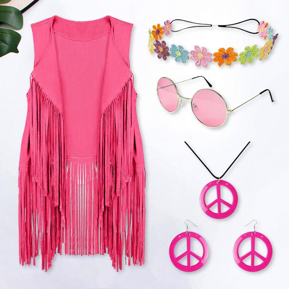 5 Pcs/Set Women Vest with Headband Sunglasses Necklace And Earrings Tassel Cardigan Waistcoat Retro 60s 70s Dance Party Disco Co
