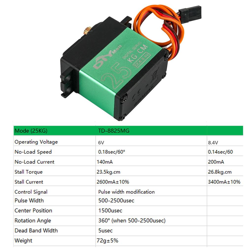 DIYmall TD-8825MG Digital Servo, 25kg, High Torque, 360° Continuous Rotation, Angle Controllable, 500-2500usec, Metal Gear, for RC Robots, Gimbals,