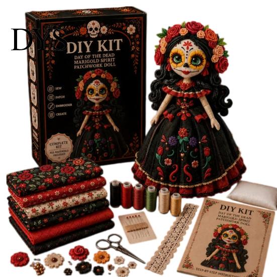 Volkskunstpuppen Bastelset Tag der Toten Patchwork DIY-Set, Zuckerschädel Nähen Bastelsets für Erwachsene, Feiertags-Andenken-Herstellungsmaterialien Halloween