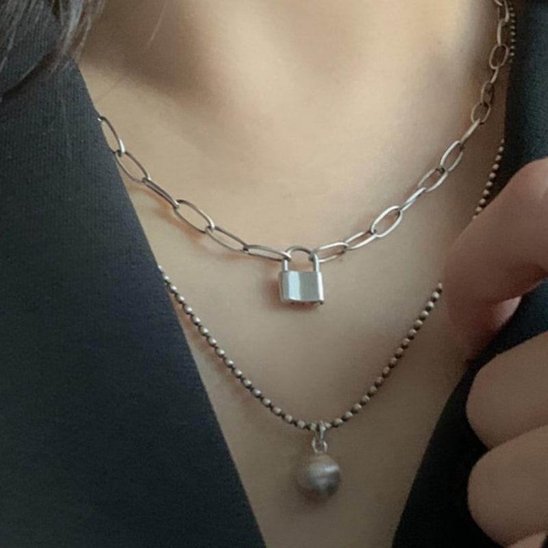 warmrecord Silver925 matte Lock chain Necklace_N028