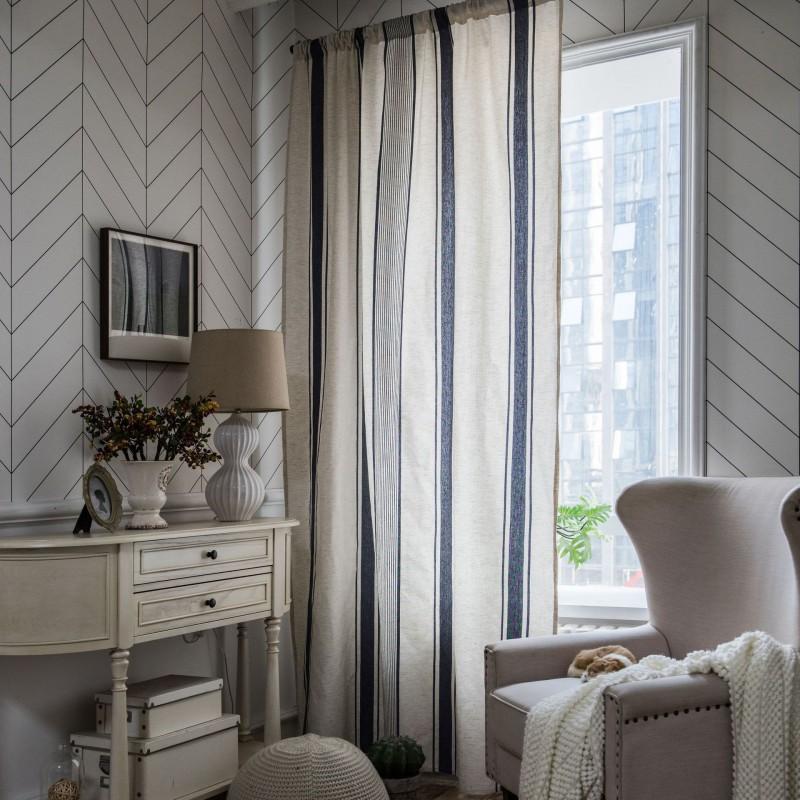 Cotton Linen Stripe Kitchen Curtain Semi-Sheer American Style Cafe Window Treatment Dining Room