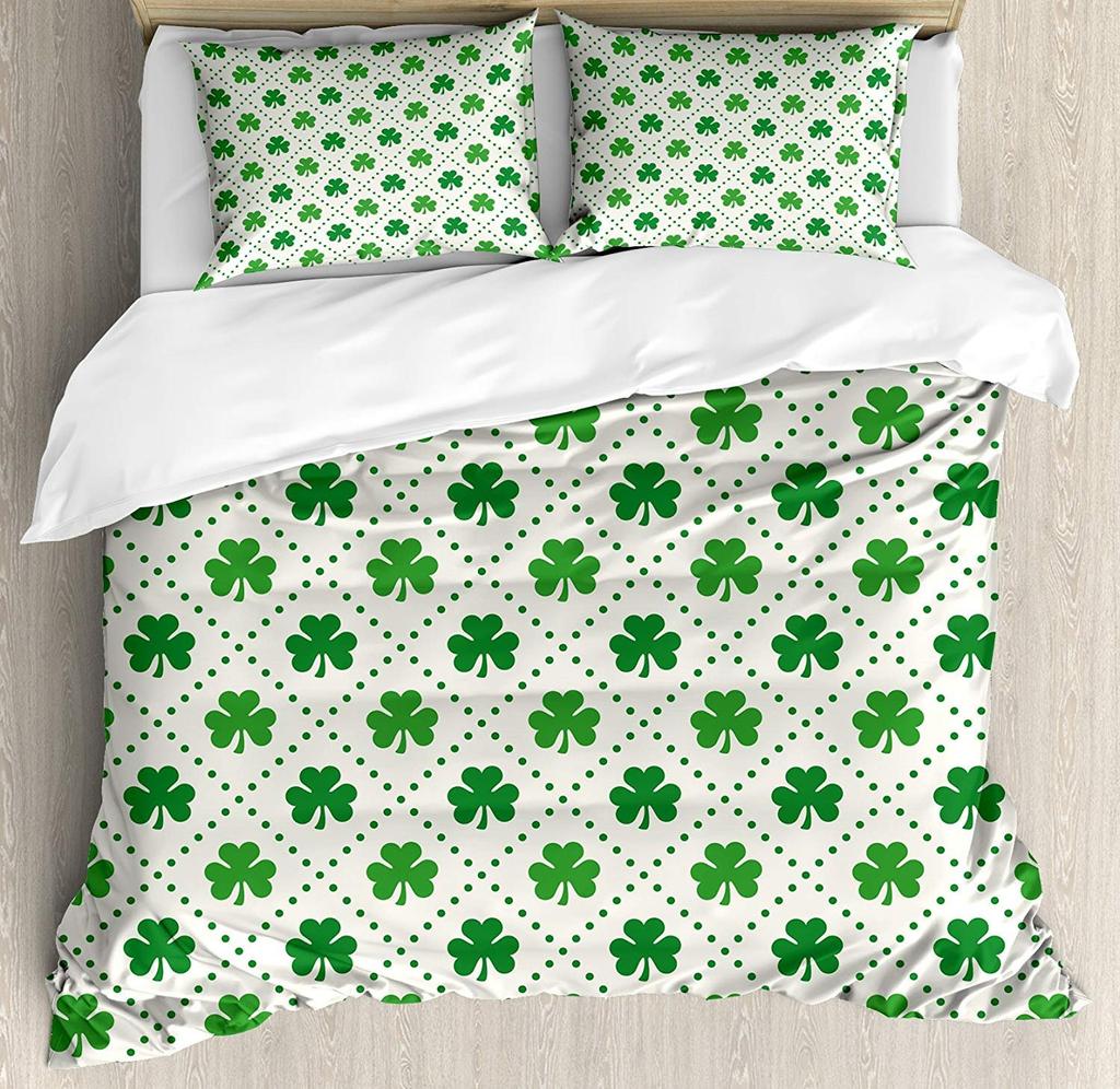 Lucky Green Leaves King Queen Duvet Cover Four Leaf Shamrock Clover Bedding Set Irish Culture Soft 2/3pcs Polyester Quilt Cover