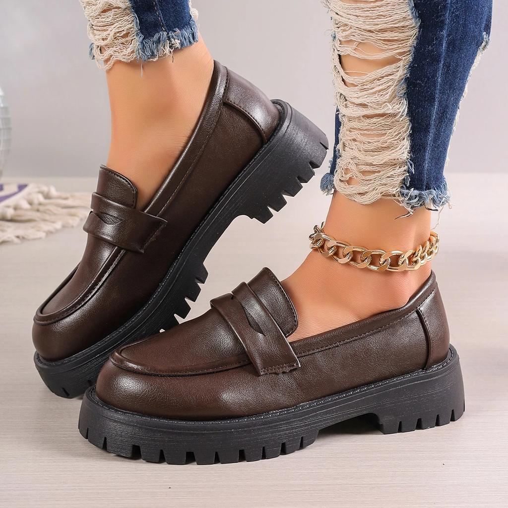 Fashion Rimocy Casual Platform Loafers Woman 2025 British Style Black Brown PU Leather Shoes for Women Comfort Slip On Flats Plus Size