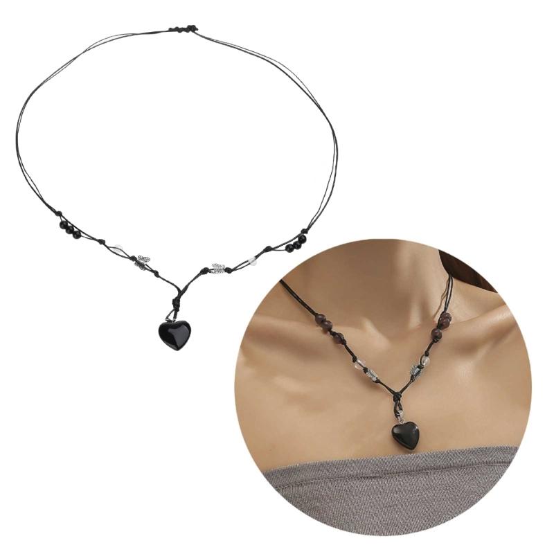 Heart Natural Stone Necklace Woven Rope Chain Choker for Women Girl Unisex Necklace Gemstone-Jewelry Ornament Gift