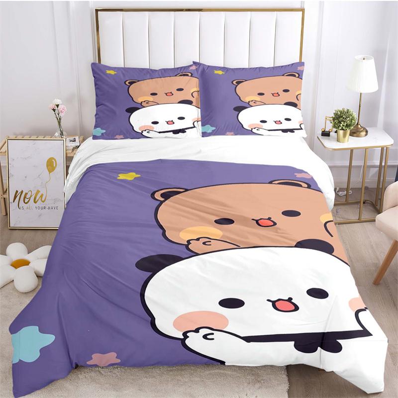 Bear and Bunny on Crescent Moon Print Bedding Set, Night Sky Starry Bed Linen(1 * duvet cover + 2 * pillowcase, without core)