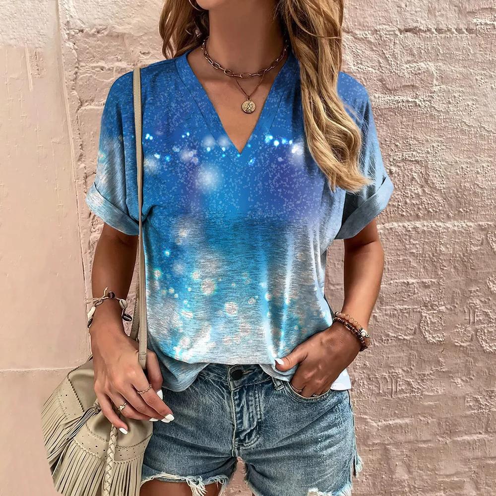 Summer Women Vintage T-shirt Fashion Graphic V-Neck Tops Tees Female Casual Short Sleeve Clothing Ladies Stylish Outfit