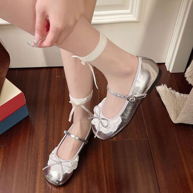 French silver Mary Jane bow flat bottom light mouth single shoes 2025 spring and autumn new summer with skirt Doudou shoes
