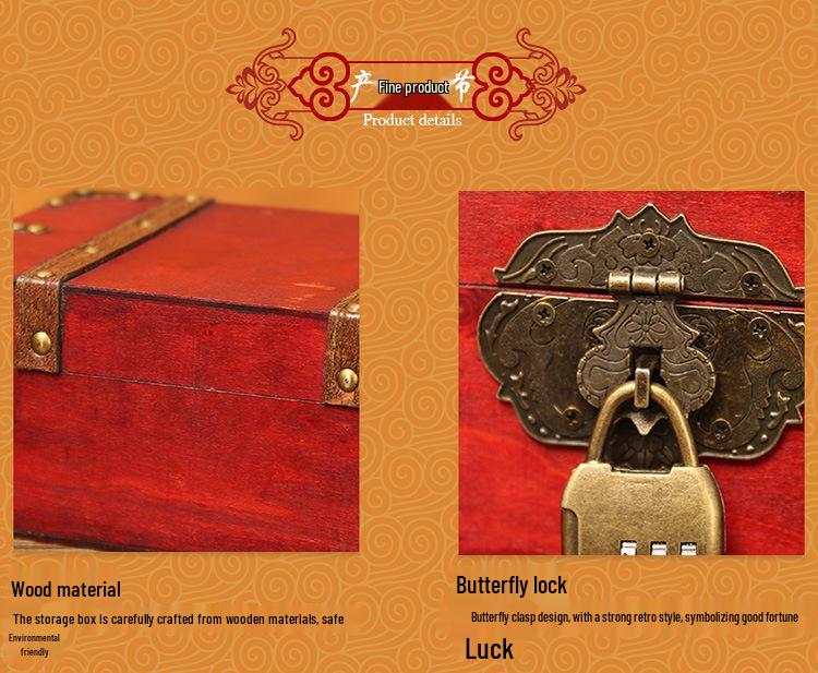 Retro Wooden Rectangular Storage Box Set with Lock - Creative Organizer & Decorative Props