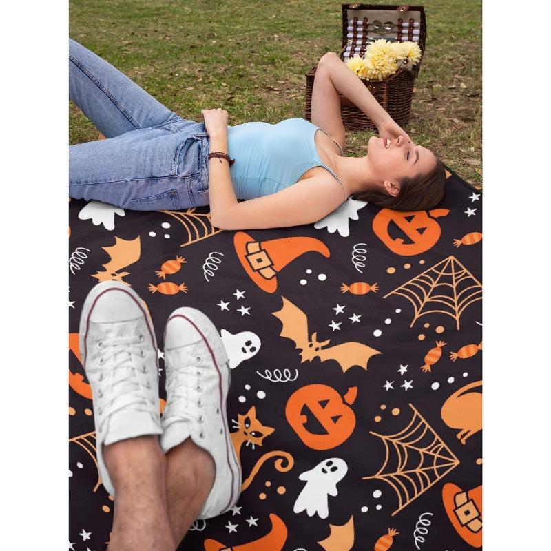 1pc Cozy Halloween Flannel Throw Blanket Pumpkin and Spider Web Design with Black Background Soft and Warm for Home Decoration