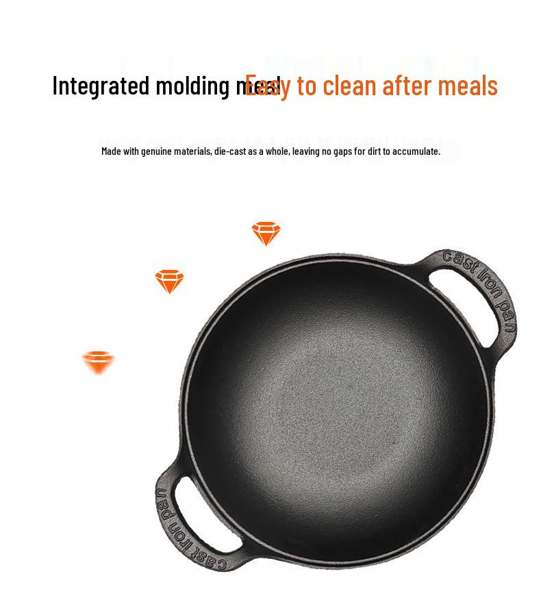 Cast Iron Double Ear Stew & Fry Pan, Non-stick Flat Bottom, Universal for Gas & Induction Cooktops, Large Size.