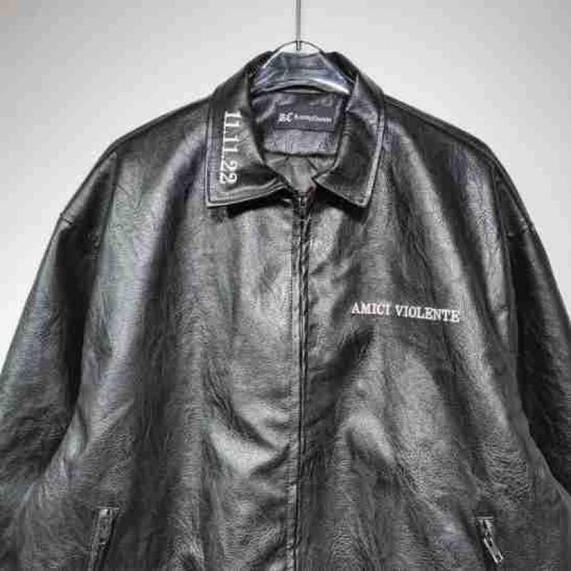 PU Leather Biker Jacket Mens Loose Fit Vintage Style Letter Embroidery Black