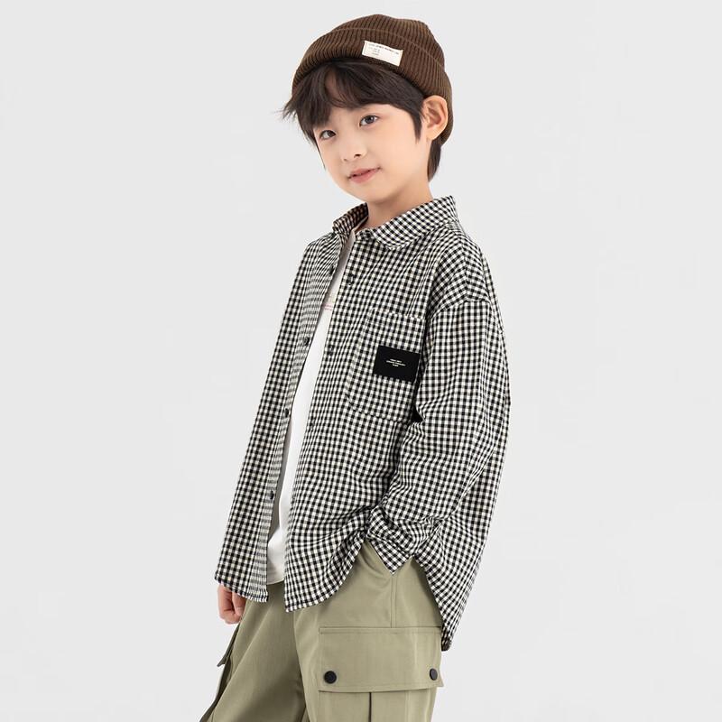 Duo Duo Jia Boy's Korean Style Black & White Plaid Long Sleeve Shirt