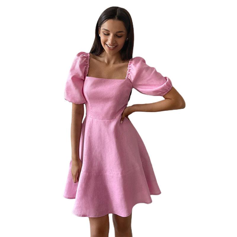 Personality Temperament Bubble Sleeve Patchwork Square Collar Zip Paragraph Solid Colour Fairy Dress Women Dresses