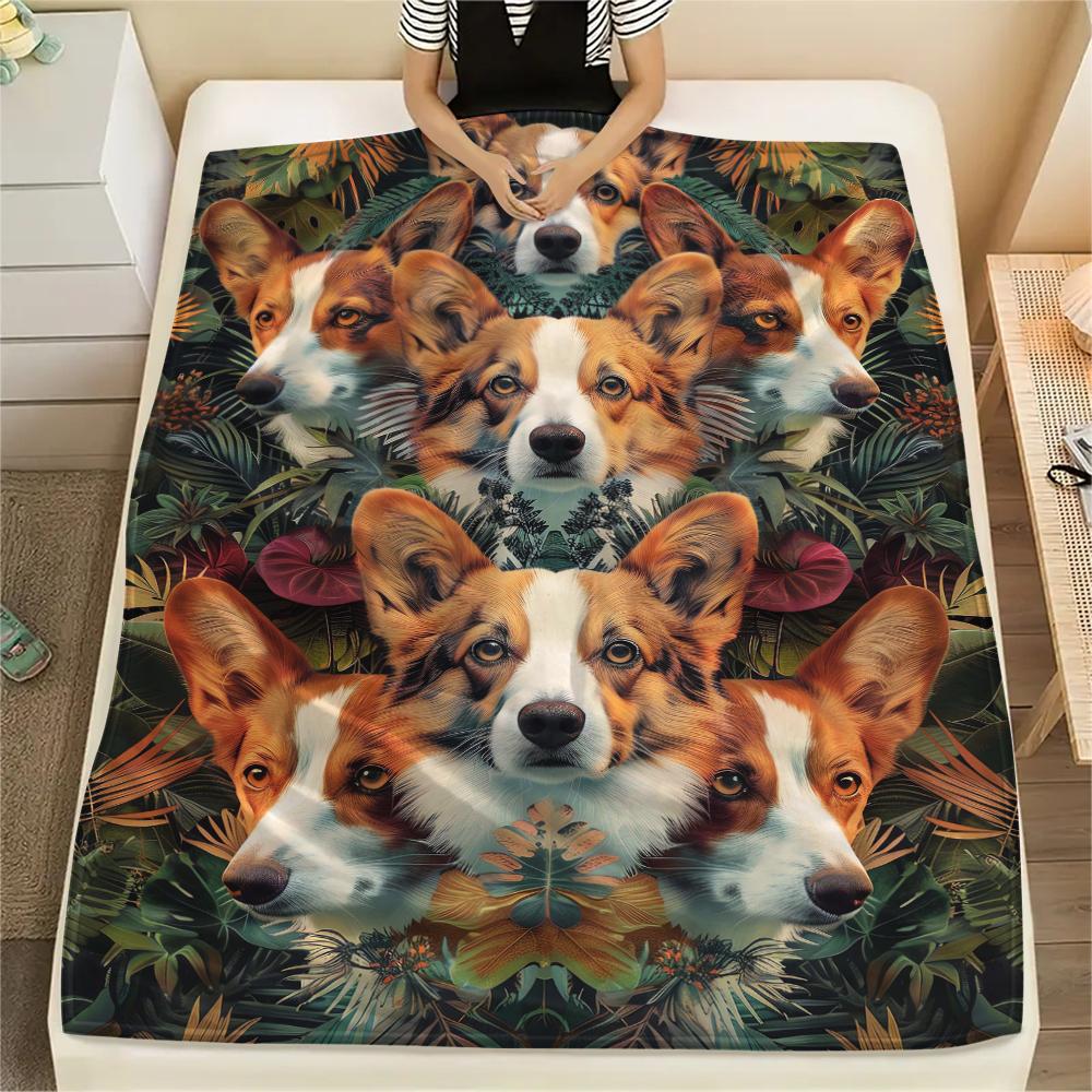 1Pc Collie Corgi Print Flannel Blanket, High quality Comfortable for All Seasons, Home Decor, Warmth and Comfort, Perfect for Christmas Gifts