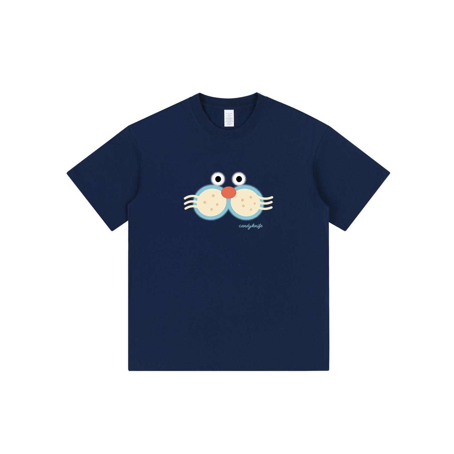 

Cute Kitten Print Casual Summer Top with Round Neck and Short Sleeves L темно-синий