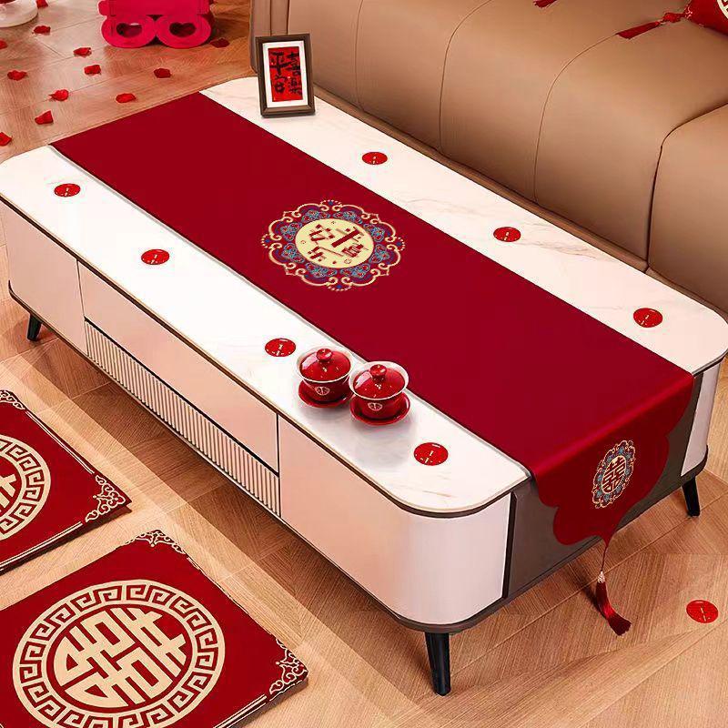 Red Double Happiness Wedding Table Runner - Chinese Dining Table & TV Cabinet Festive Decoration
