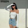 WTEMPO Schulterfrei Slim Party Club Kurze T-Shirts Damen Frühling Sommer Schwarz Weiß Freizeithemden
