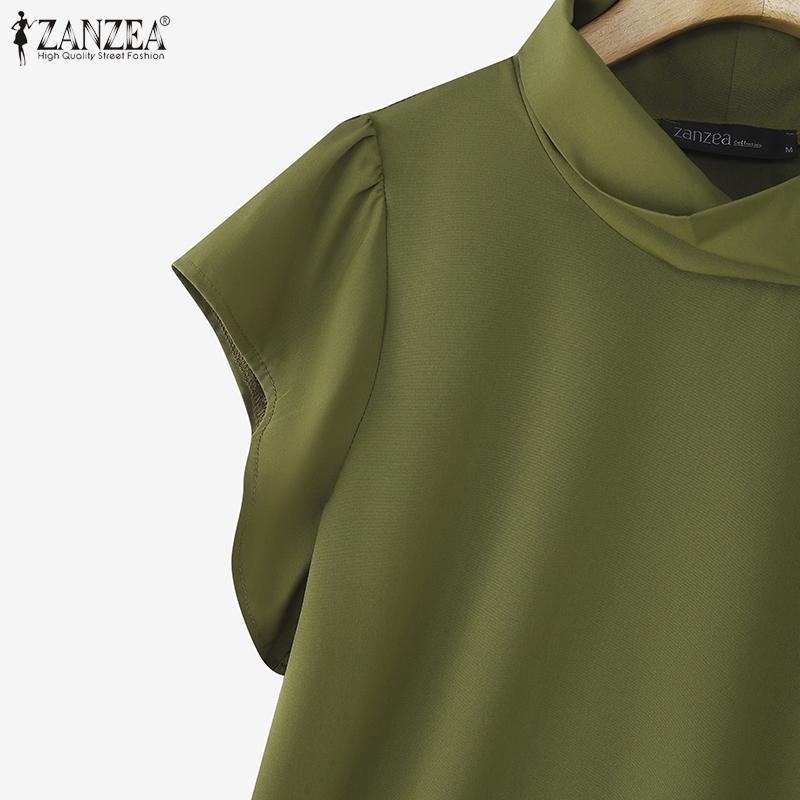 ZANZEA Women Stand Collar Summer Casual Ruffles Short Sleeve Blouse