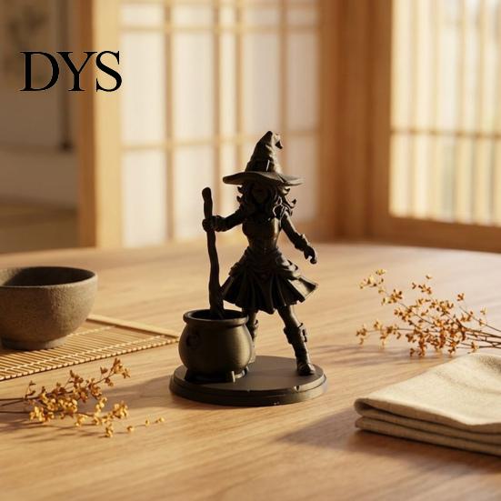 Matte Black Resin Craft Halloween Witch Cauldron Figurine, 3D Printed Spooky Statue with Pot, Fantasy Table Ornament Gothic Small Desktop for Tabletop