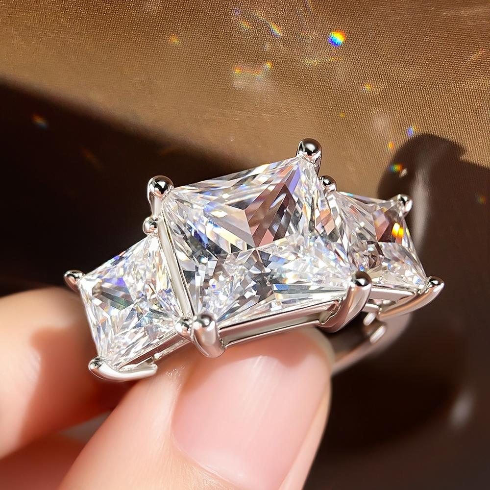 3 Stones Princess Cut Full Moissanite Ring for Women Copper6.4cttw Diamond Wedding Ring Anniversary Bands Jewelry