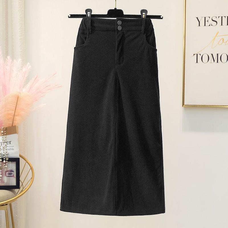 Damenmode, hohe Taille, schlankmachend, A-Linie, Cordrock, langes Kleid, verdickt, lässig, einfarbig