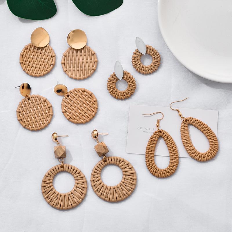 Korea Bohemia Handmade Geometric Drop Earrings For Women Imitation Rattan Straw Weave Knit Vine Earring Vacation Party Jewelry