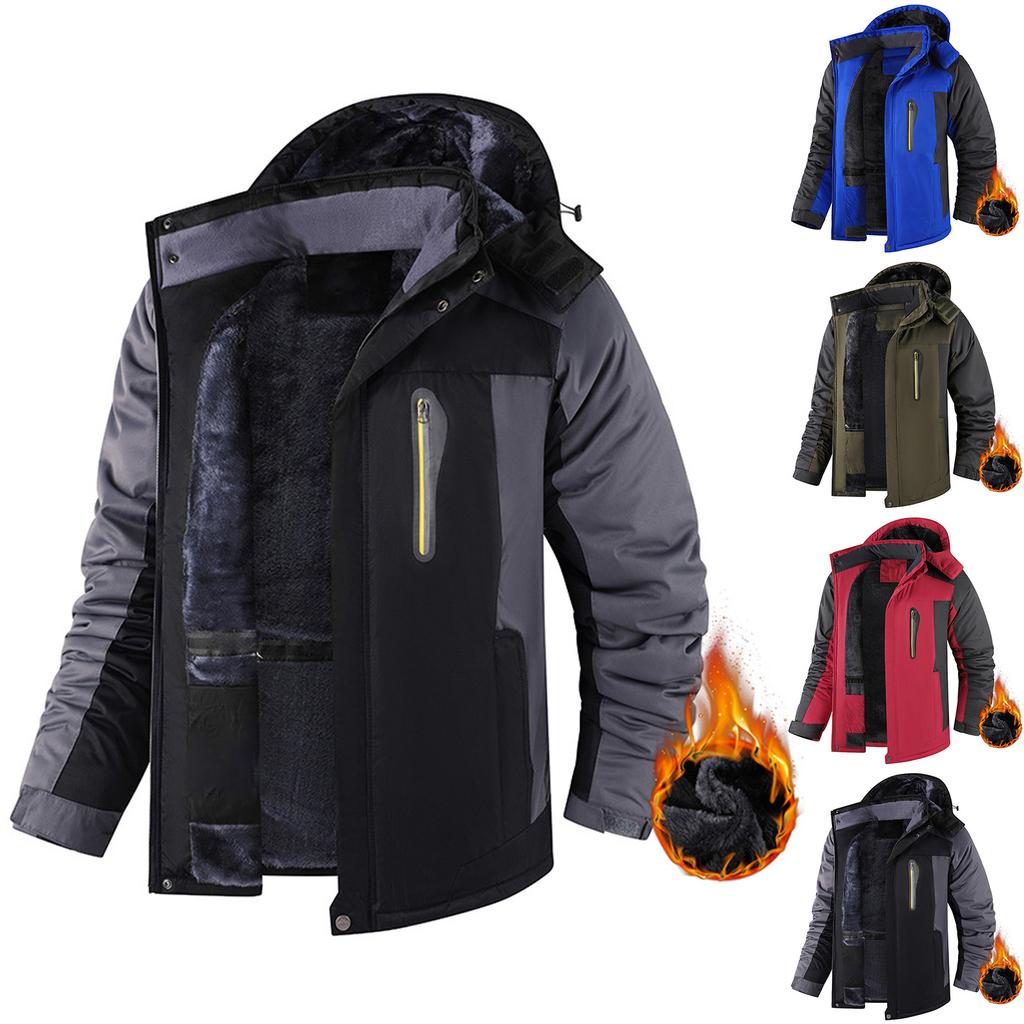 Unisex Colorblock Zipper Pocket Hooded Jacket Men's Casual Plush Jacket