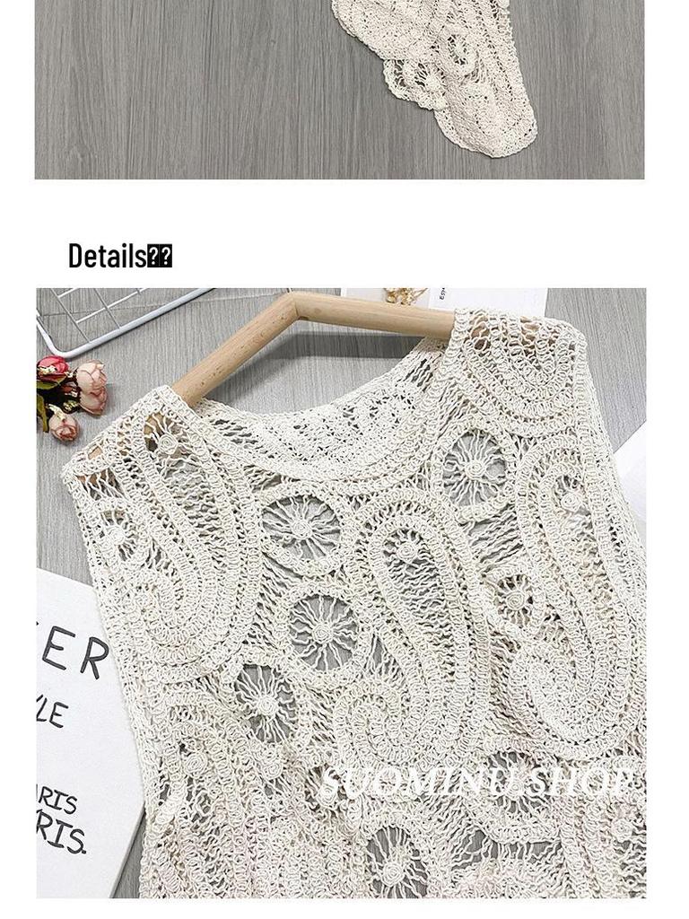 Retro Chic Crochet Crop Top: Sleeveless, Hollow Design 404