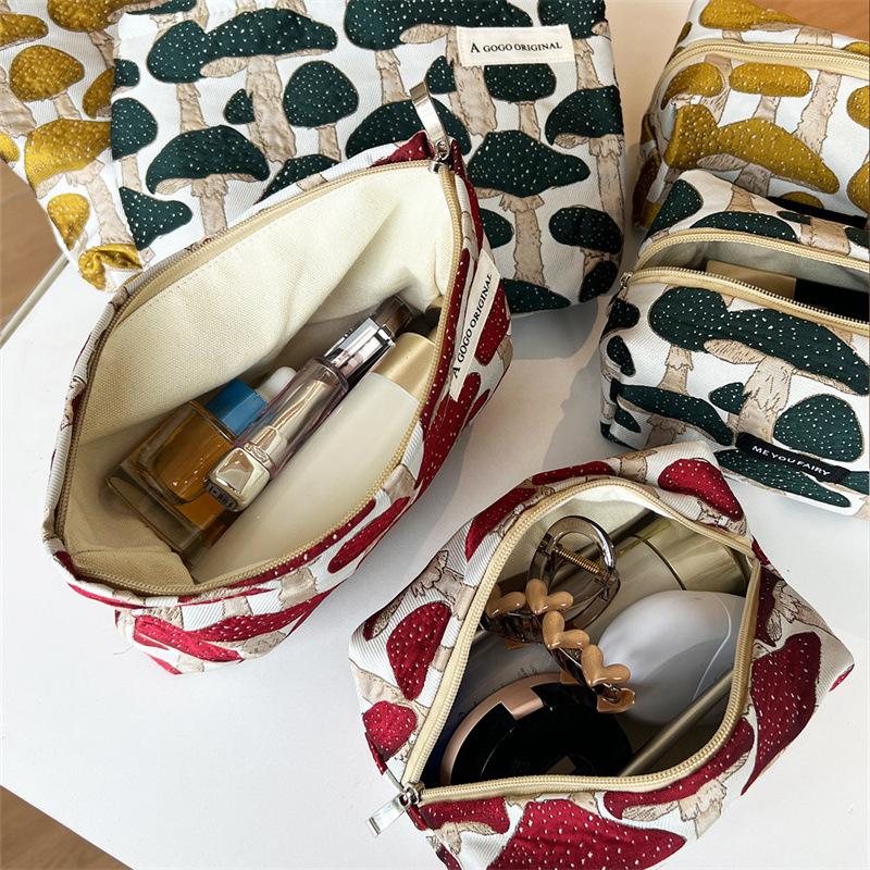 Vintage Canvas Make-up Tasche Roter Pilz/Granatapfelblüten Druck Große Größe Münz-Schlüssel-Tasche Waschbar Tragbare Handtasche Geschenk
