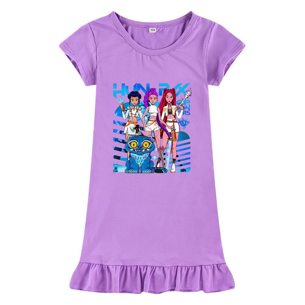 

M1231 Kids Girls Kpop Rumi Zoey Mira Print Short Sleeves Ruffle Dress 150cm фіолетовий
