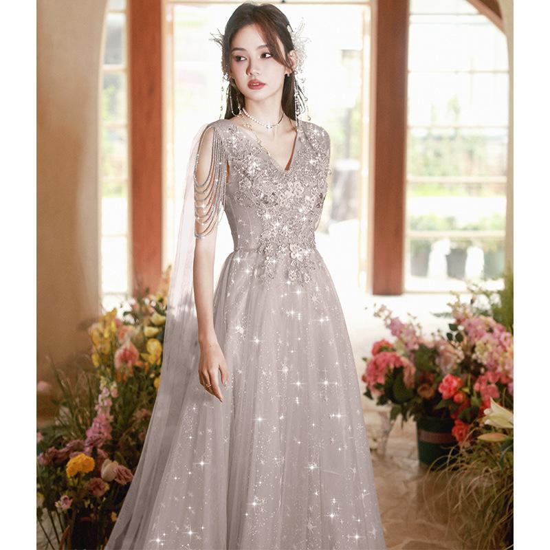 Banquet Evening Dress Skirt 1011 Summer New Gray Streamer Zheng Art Exam Red Song Chorus Performance Suit
