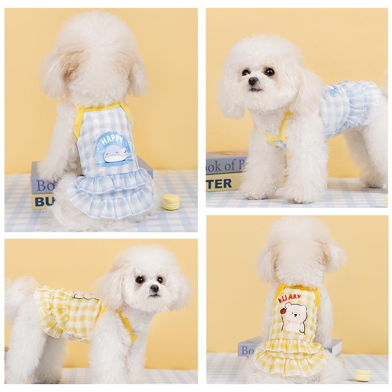 Spring puppy clothes macaron plaid cartoon suspender skirt breathable mesh teddy than bear summer pet clothes